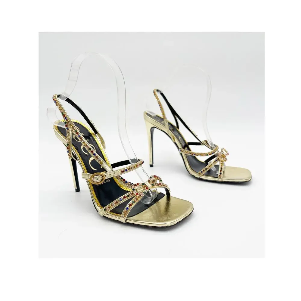 Gucci Carmen Crystal Embellished Gold Leather Bow High Heel Sandals EU 38.5 - Picture 1 of 13